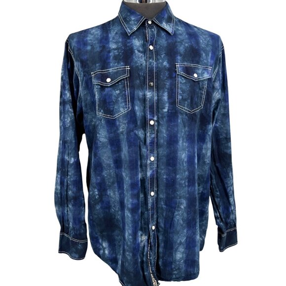 Y2K Age of Wisdom 100% Cotton Ice Dyed Pearl Snap Front Shirt Blues XXL‎ - Picture 1 of 9